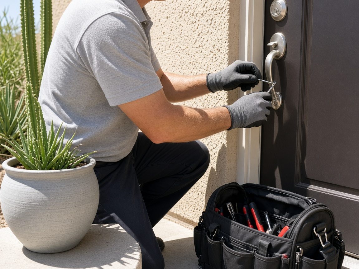 Locksmith opening a front door lock without drilling