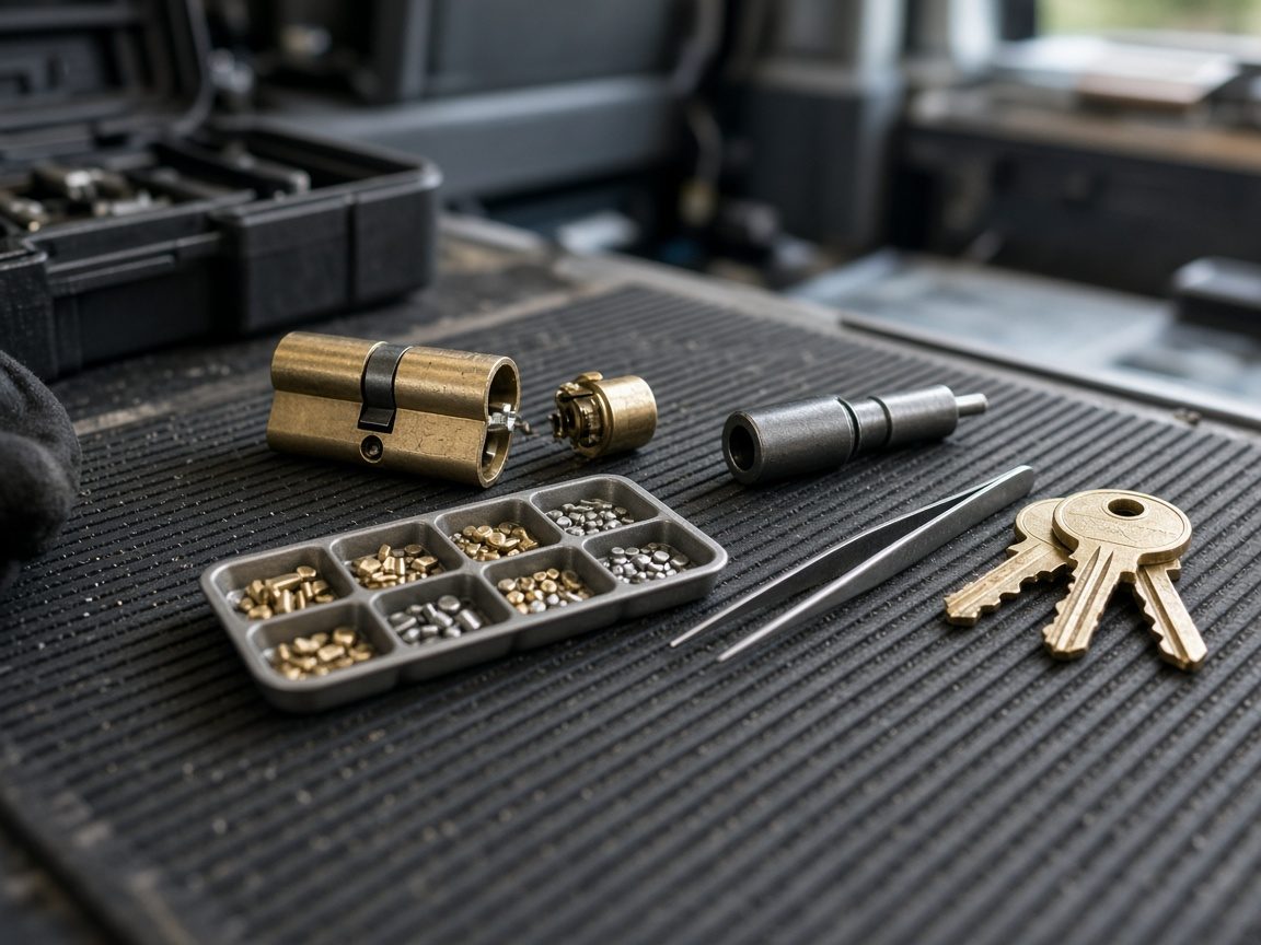Lock cylinder, pin kit, follower and new keys laid out for a residential rekey
