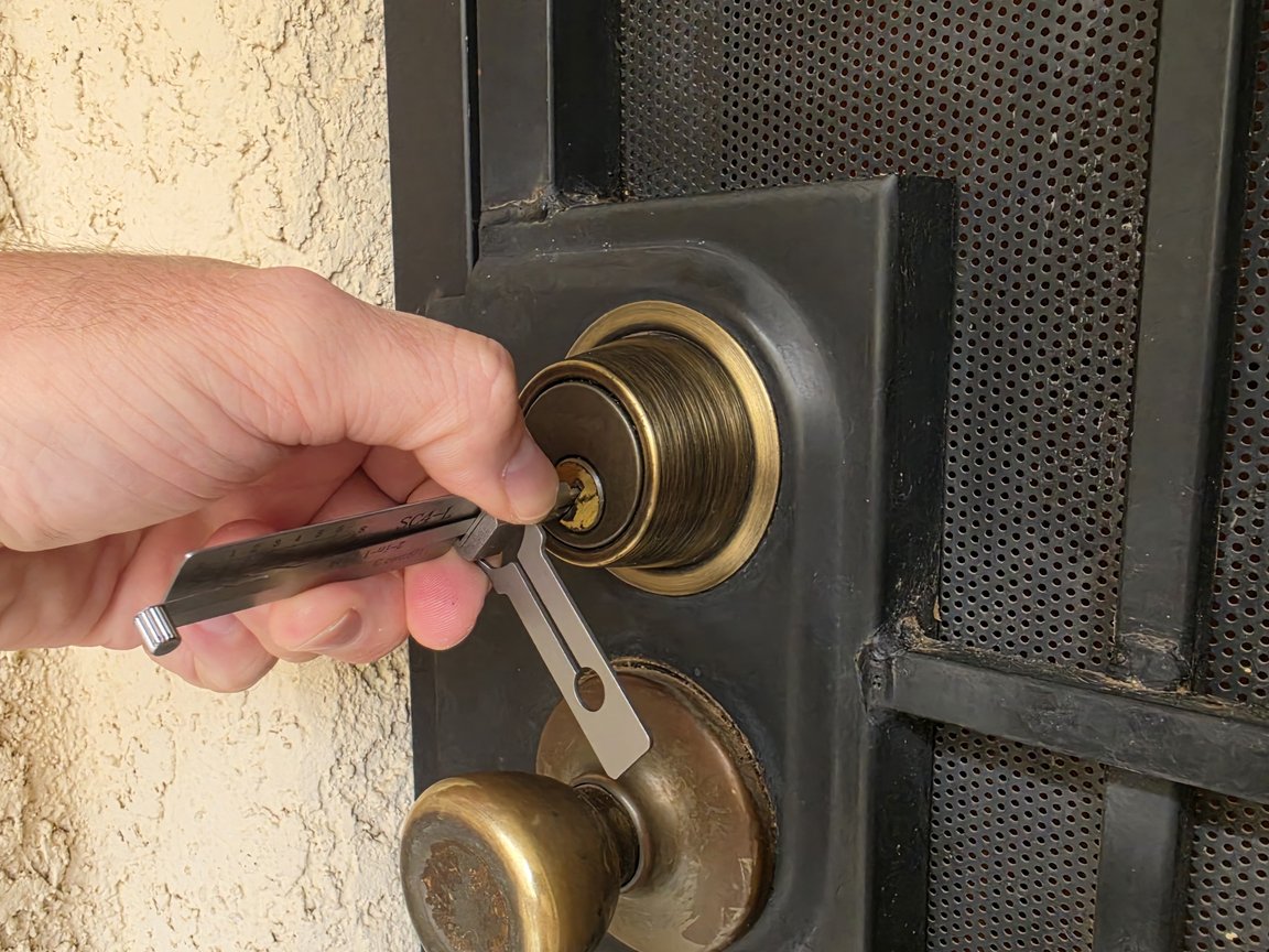 Locksmith picking a front door deadbolt on a Tucson home's security door