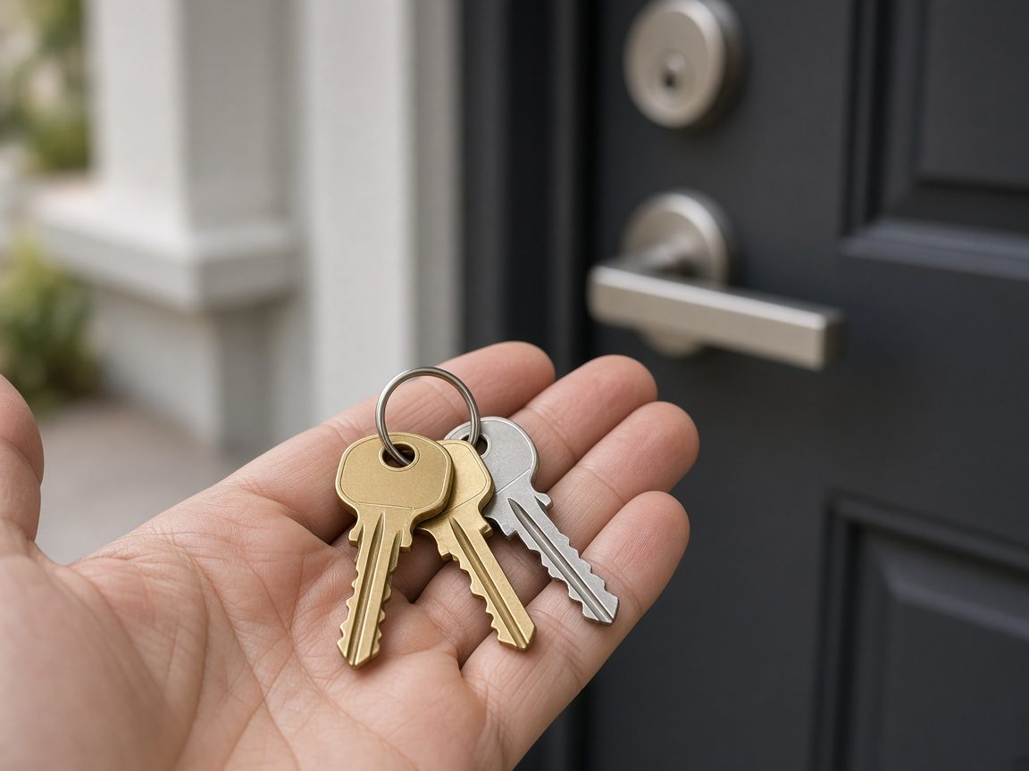 Hand holding a fresh set of house keys in front of a newly rekeyed front door